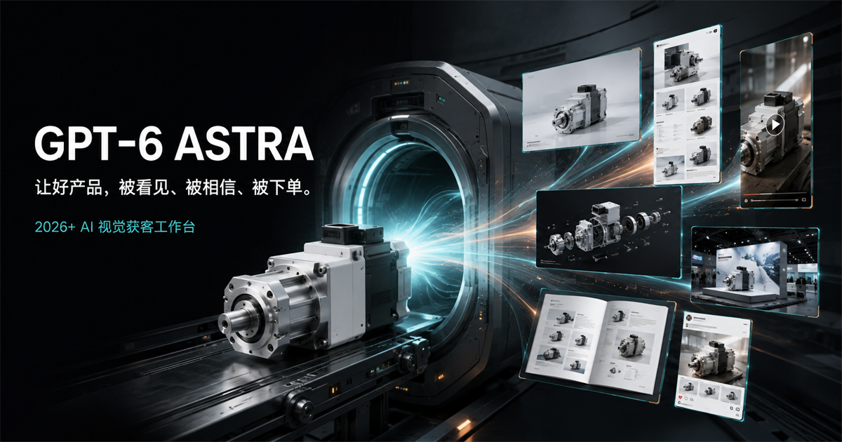 一件工业产品通过 Astra 增长舱，展开为电商主图、详情页、视频、3D 动画、展会与私域内容